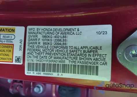2024 Honda Accord Ex z USA, uszkodzony, nr VIN 1HGCY1F3XRA014655